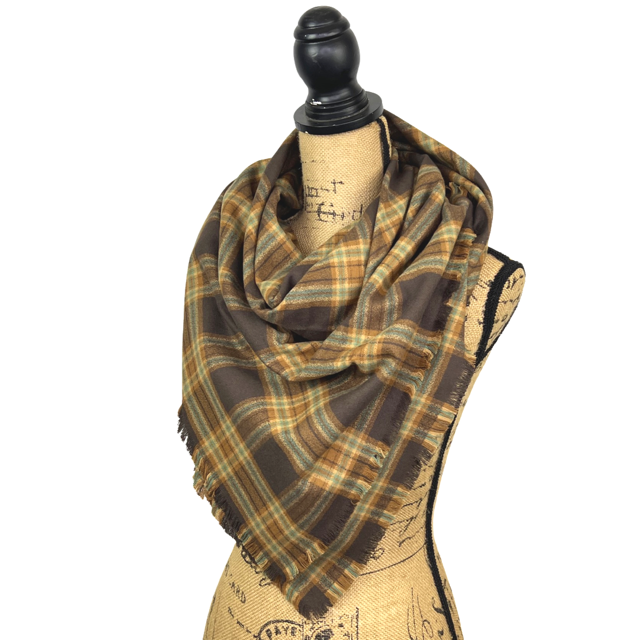 Luxe Collection Tartan of Dark Brown, Caramel, Cream and Light Teal Blue Plaid Infinity and Blanket Scarves