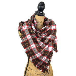 Luxe Collection Dark Chocolate, Red and White with Butterscotch Accent Plaid Infinity and Blanket Scarves