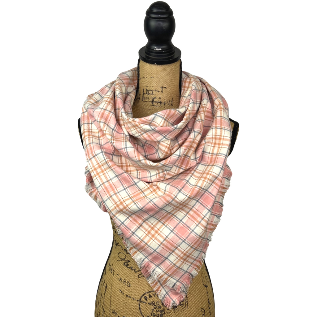 Luxe Collection Soft Pink and White with Accents of Rust and Grey Plaid Infinity and Blanket Scarves