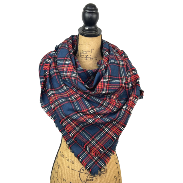 Tartan in Rich Navy, Red, White, Black and Mustard Yellow Plaid Flannel Infinity or Blanket Scarf