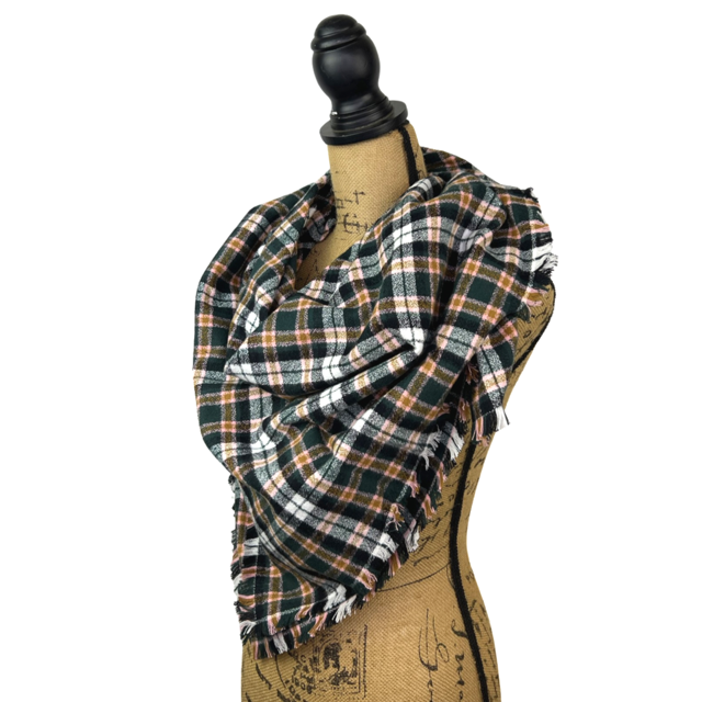 Dark Forest Green, Black, White, Caramel and Pale Pink Plaid Flannel Infinity or Blanket Scarf