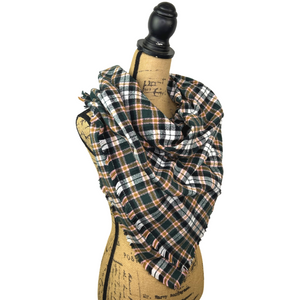 Dark Forest Green, Black, White, Caramel and Pale Pink Plaid Flannel Infinity or Blanket Scarf