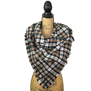 Dark Forest Green, Black, White, Caramel and Pale Pink Plaid Flannel Infinity or Blanket Scarf