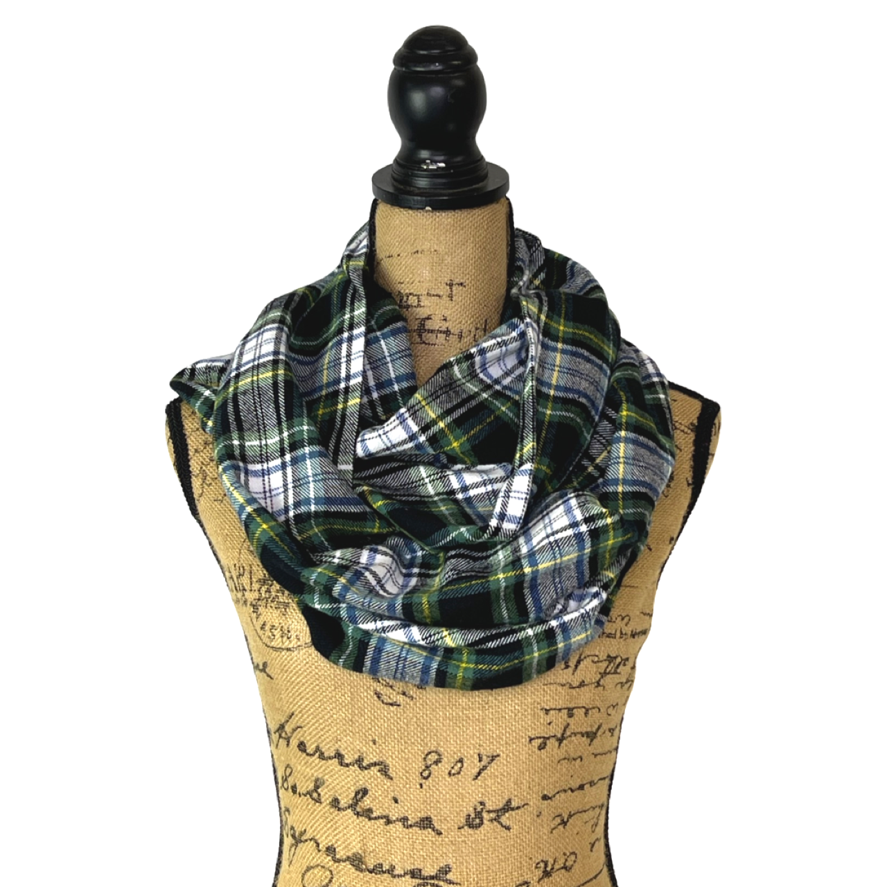 Evergreen, Black, White, Dusty Blue and Yellow Tartan Plaid Flannel Infinity or Blanket Scarf