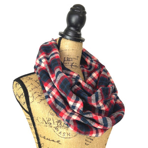 Royal Navy, Red, Black and Creamy White Plaid Flannel Infinity or Blanket Scarf