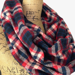 Royal Navy, Red, Black and Creamy White Plaid Flannel Infinity or Blanket Scarf