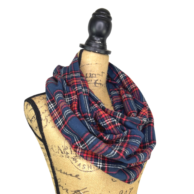 Tartan in Rich Navy, Red, White, Black and Mustard Yellow Plaid Flannel Infinity or Blanket Scarf