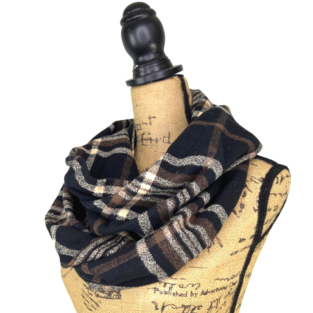 An Autumn Evening Plaid Deep Rich Tones of Black Milk Chocolate and Creamy White Plaid Flannel Infinity or Blanket Scarf