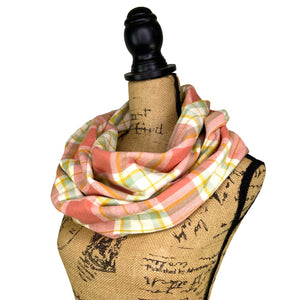 Dusty Salmon Pink, Sage, White and Mustard Yellow Plaid Flannel Infinity or Blanket Scarf