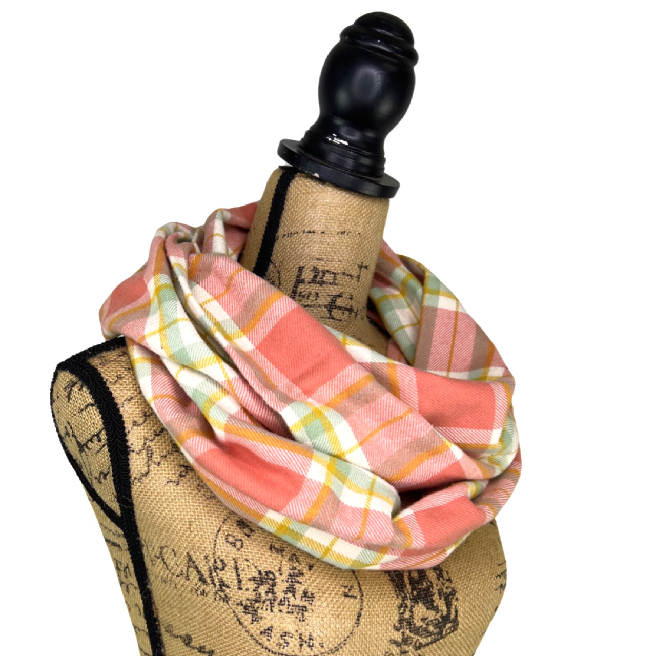 Dusty Salmon Pink, Sage, White and Mustard Yellow Plaid Flannel Infinity or Blanket Scarf