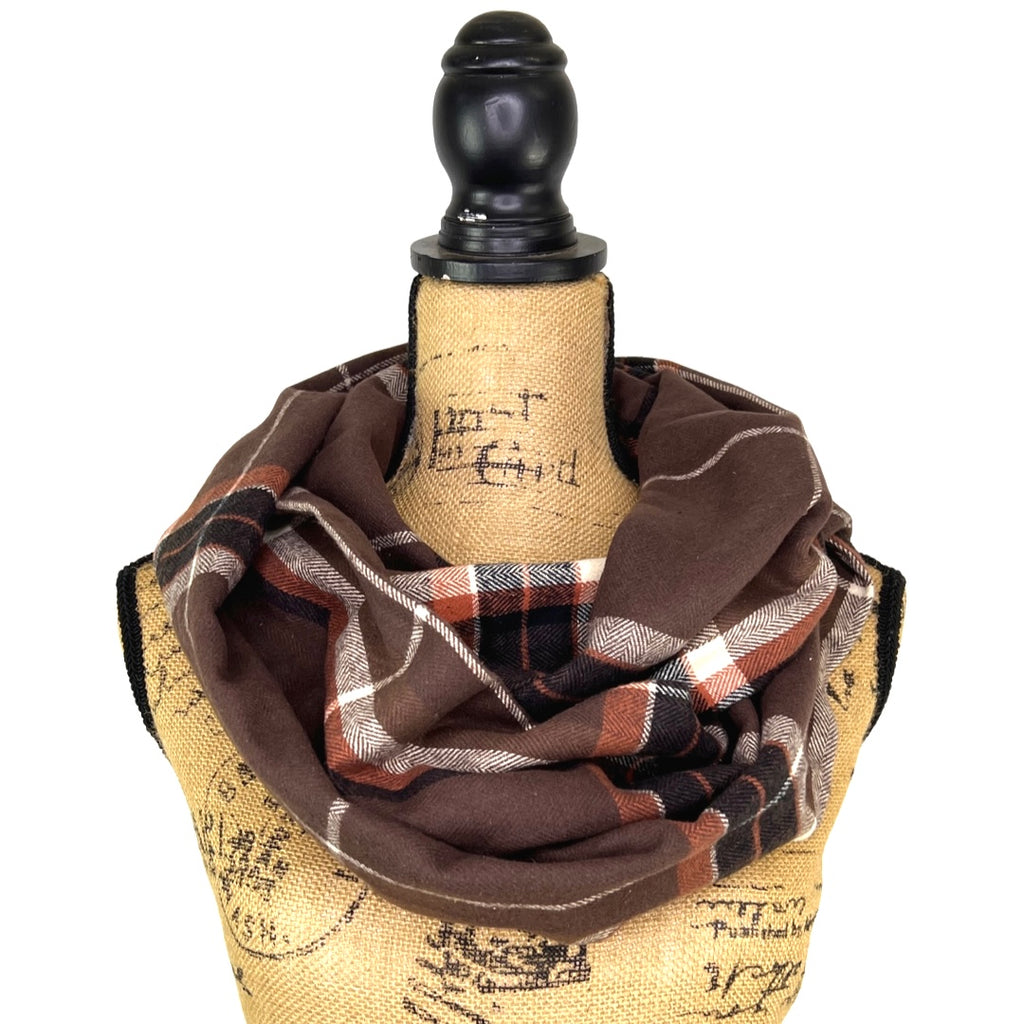 Mocha Spice Plaid - Milk Chocolate Brown, Copper Orange, Black and Cream Plaid Flannel Infinity or Blanket Scarf