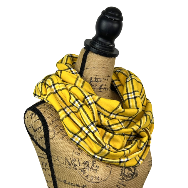 Sunflower Yellow Plaid - Hues of Sunflower Yellow, Black and White Accent Flannel Infinity or Blanket Scarf