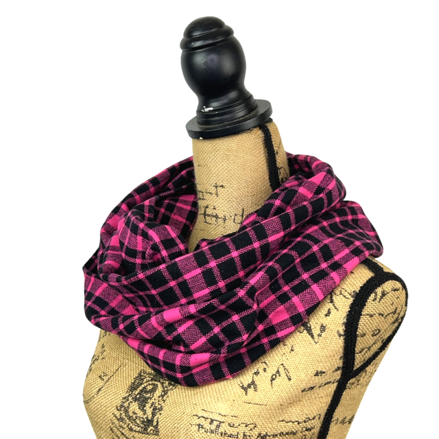 Bright Pink and Black Plaid Flannel Infinity or Blanket Scarf