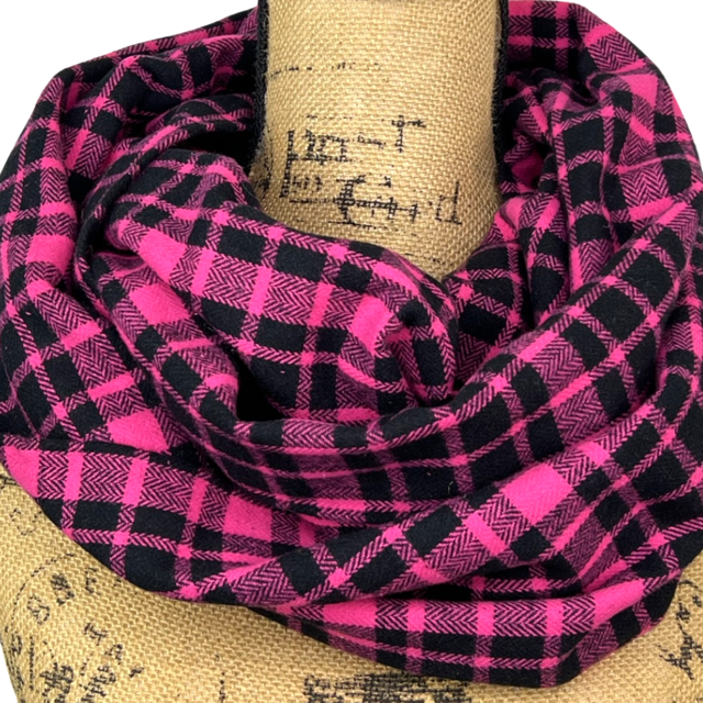 Bright Pink and Black Plaid Flannel Infinity or Blanket Scarf