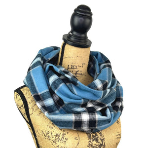 Dusty Blue, Black, White and Tan Plaid Flannel Infinity or Blanket Scarf