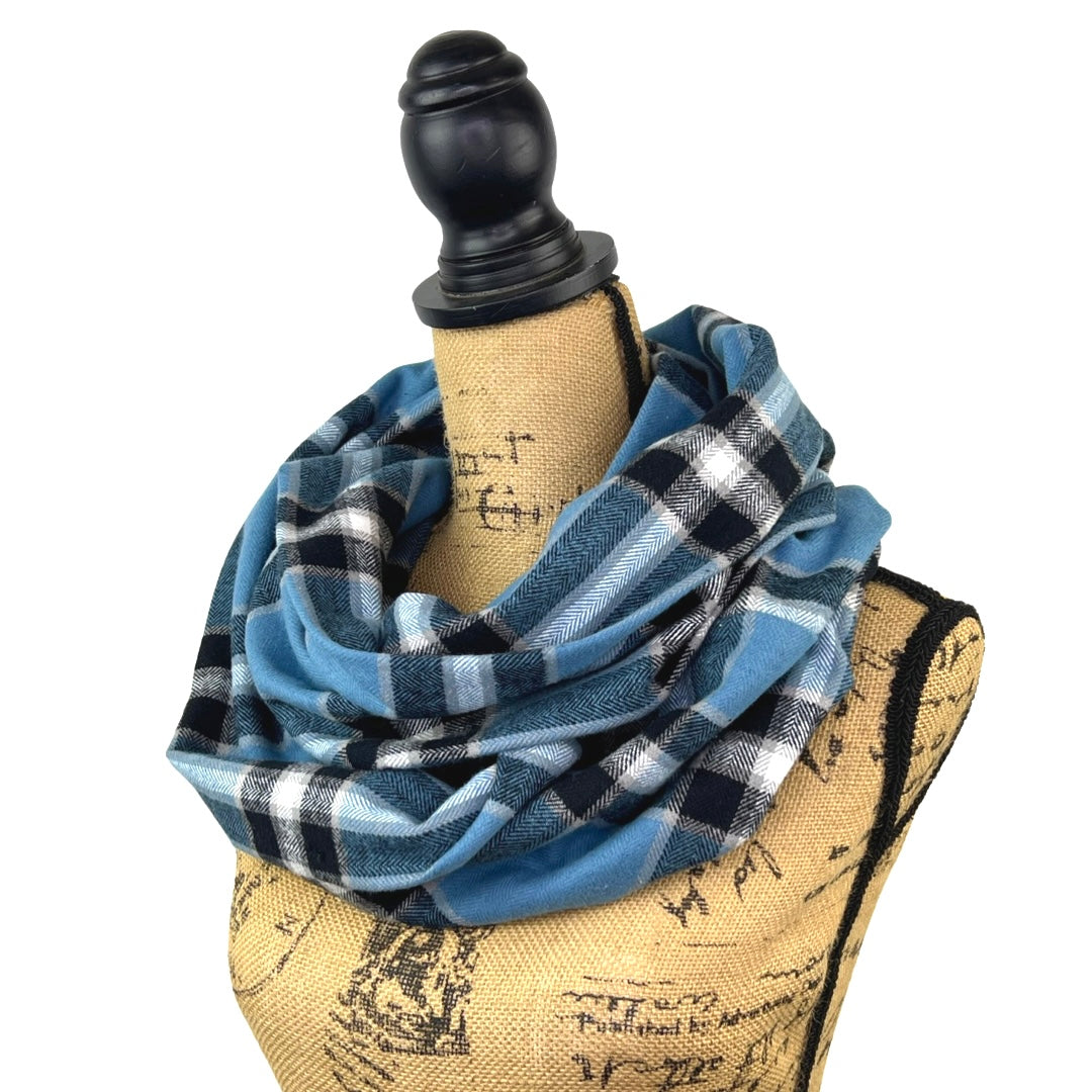 Dusty Blue, Black, White and Tan Plaid Flannel Infinity or Blanket Scarf