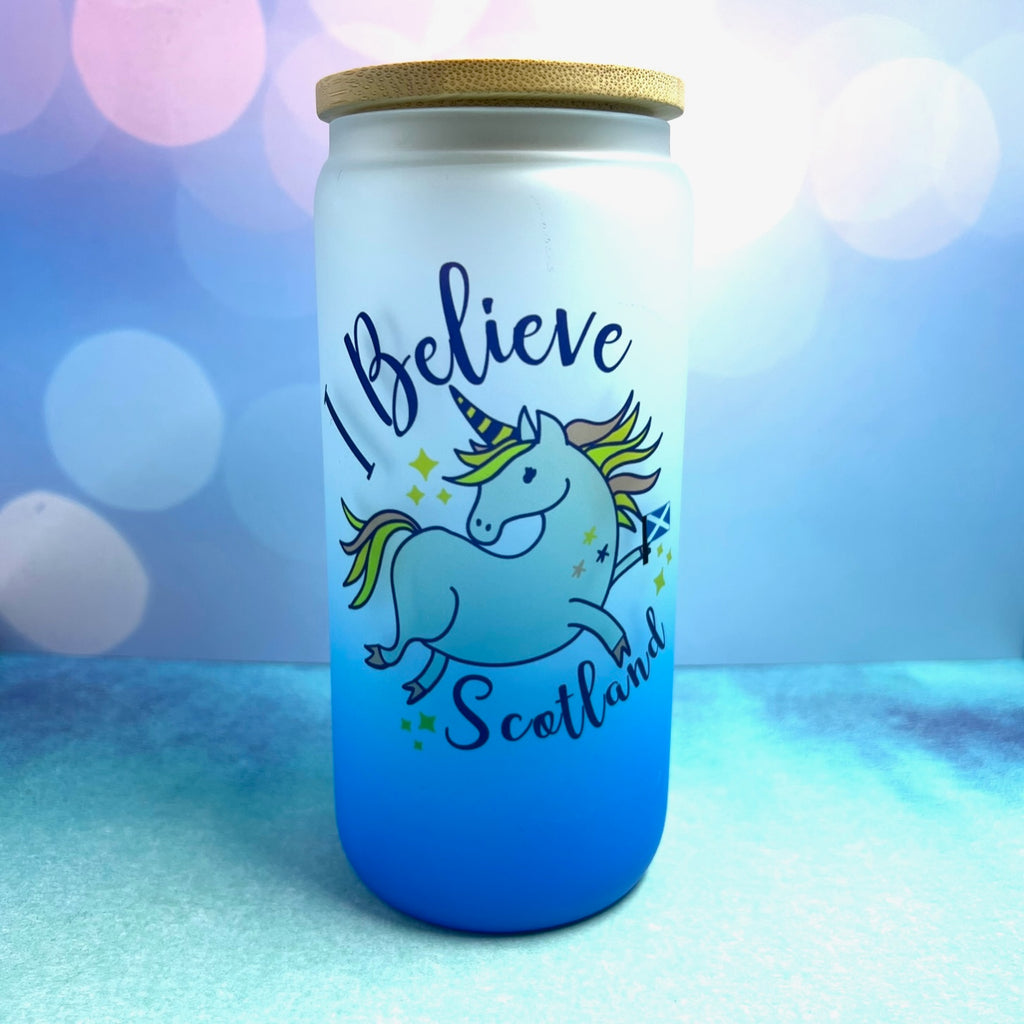 "I Believe, Scotland" Unicorn 18oz Frosted Beer Can Glass with Bamboo Lid and Straw