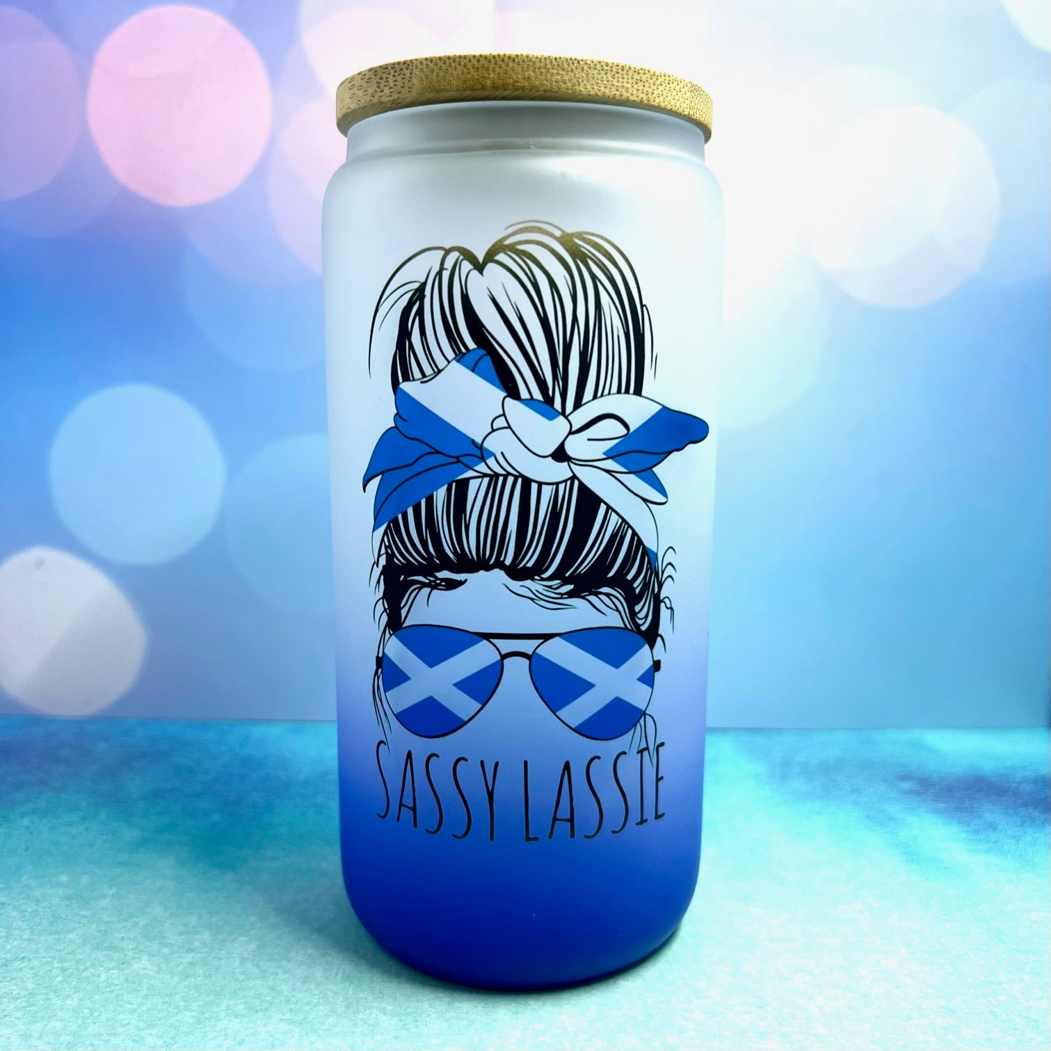 Sassy Lassie Messy Bun 18oz Frosted Beer Can Glass with Bamboo Lid and Straw