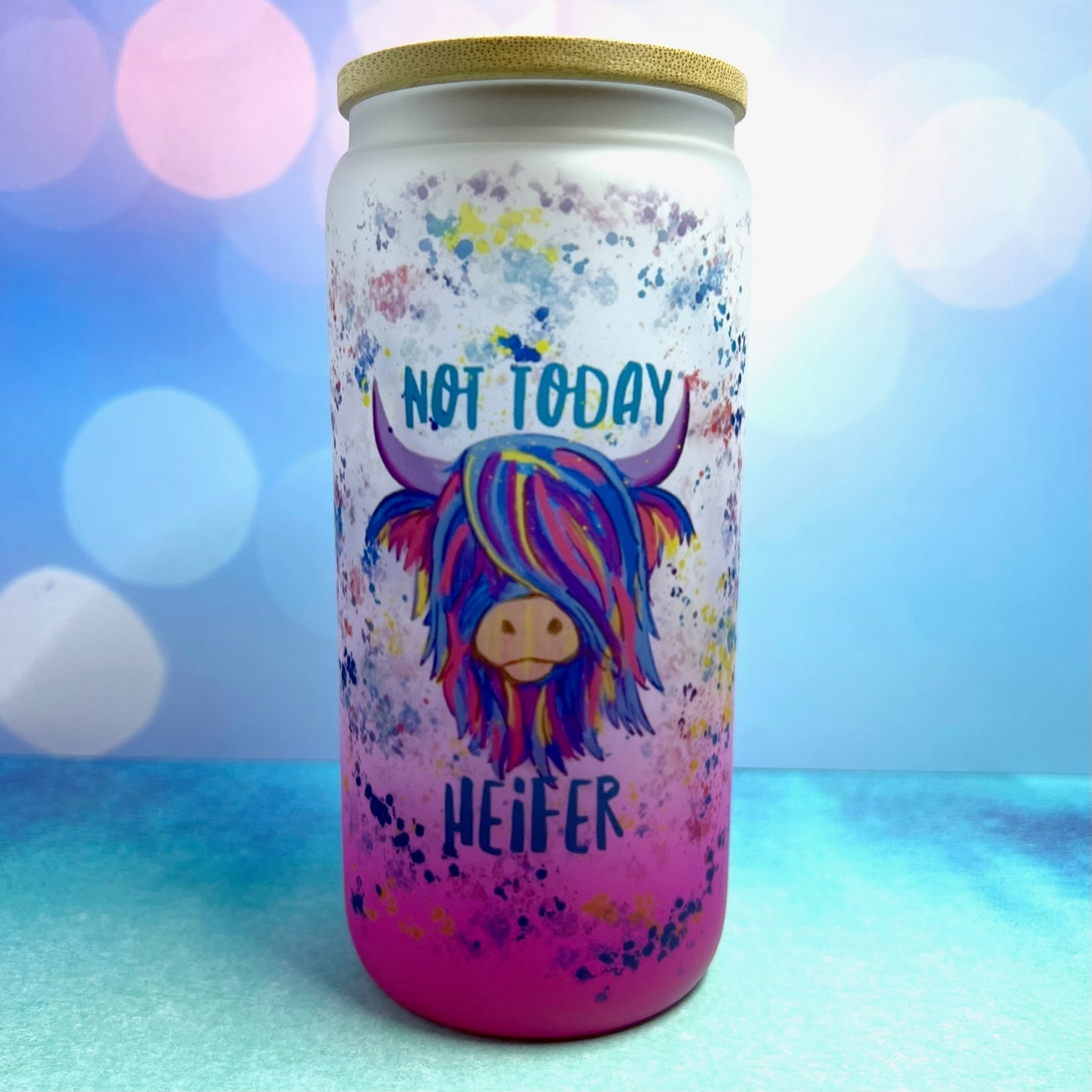 Colorful Coo Not Today Heifer or Not in the Mood 18oz Frosted Beer Can Glass with Bamboo Lid and Straw