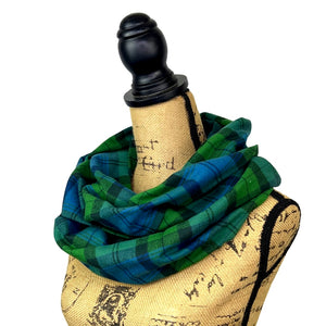 100% Organic Cotton Tartan in Emerald Green, Deep Blue and Black Plaid Infinity and Blanket Scarves