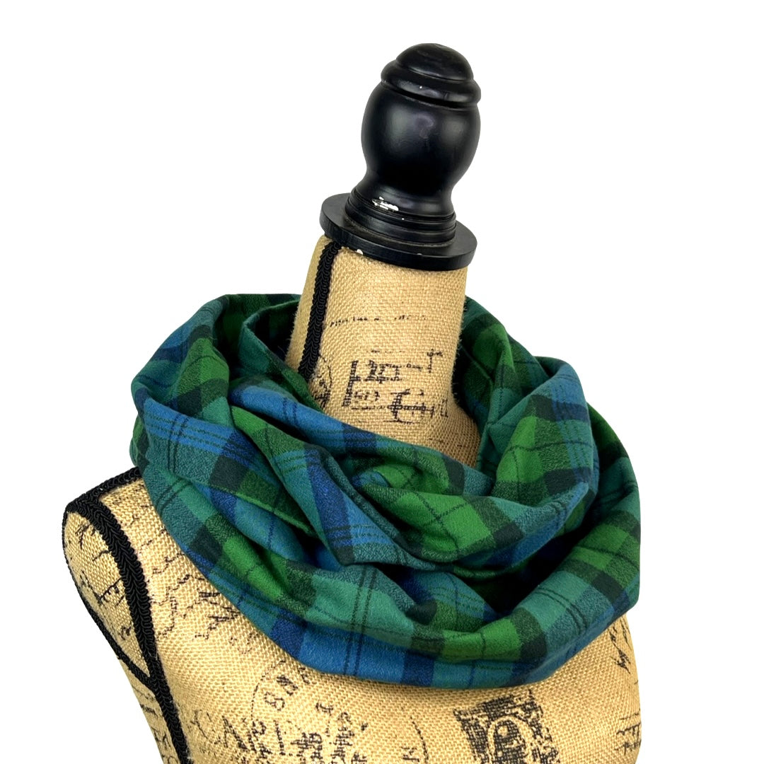 100% Organic Cotton Tartan in Emerald Green, Deep Blue and Black Plaid Infinity and Blanket Scarves