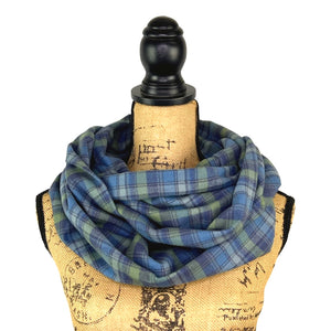 100% Organic Cotton Shades of Periwinkle Blue and Dusty Sage Plaid Infinity and Blanket Scarves