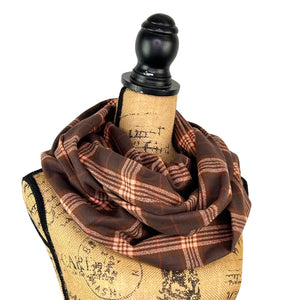 100% Organic Cotton Dark and Milk Chocolate Browns with Muted Pink and Rust Accent Plaid Infinity and Blanket Scarves