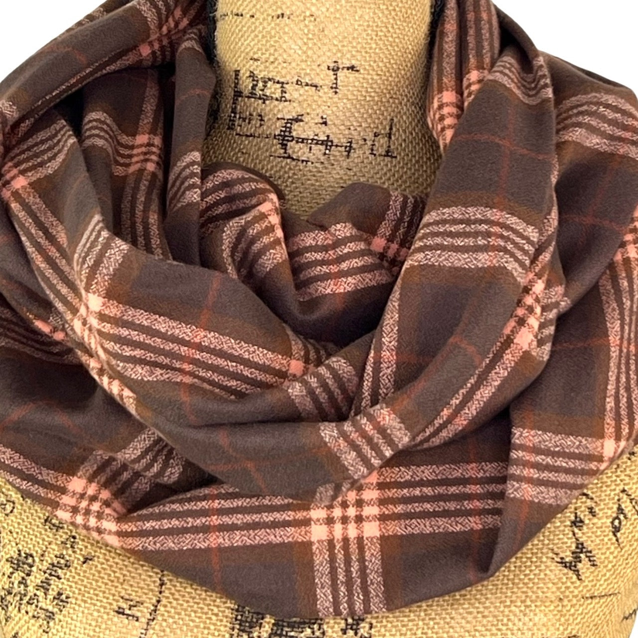 100% Organic Cotton Dark and Milk Chocolate Browns with Muted Pink and Rust Accent Plaid Infinity and Blanket Scarves