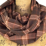 100% Organic Cotton Dark and Milk Chocolate Browns with Muted Pink and Rust Accent Plaid Infinity and Blanket Scarves