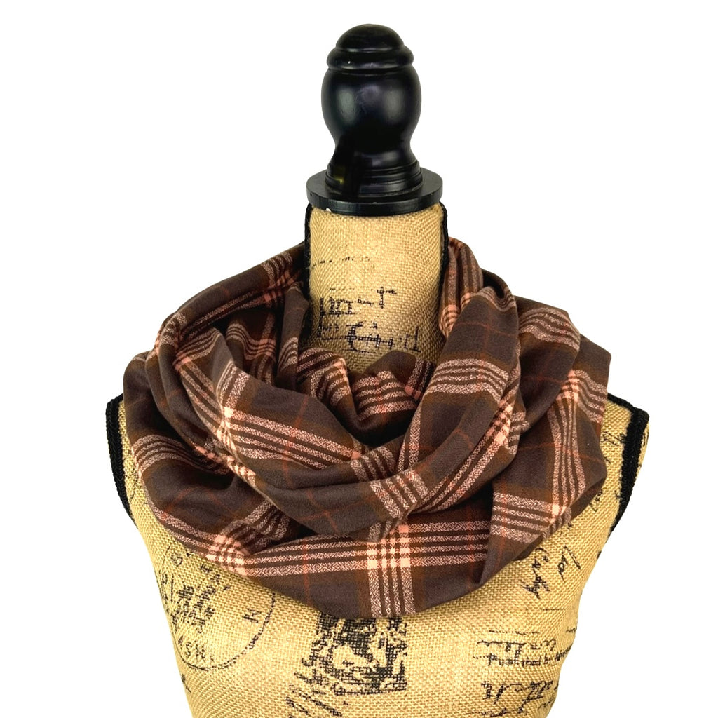 Dark and Milk Chocolate Browns with Muted Pink and Rust Accent 100% Organic Cotton Plaid Infinity and Blanket Scarves