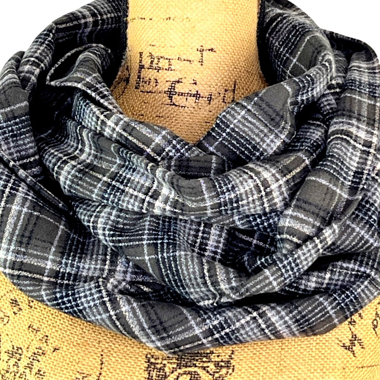 100% Organic Cotton Warm Dark Grey, Black and White Plaid Infinity and Blanket Scarves