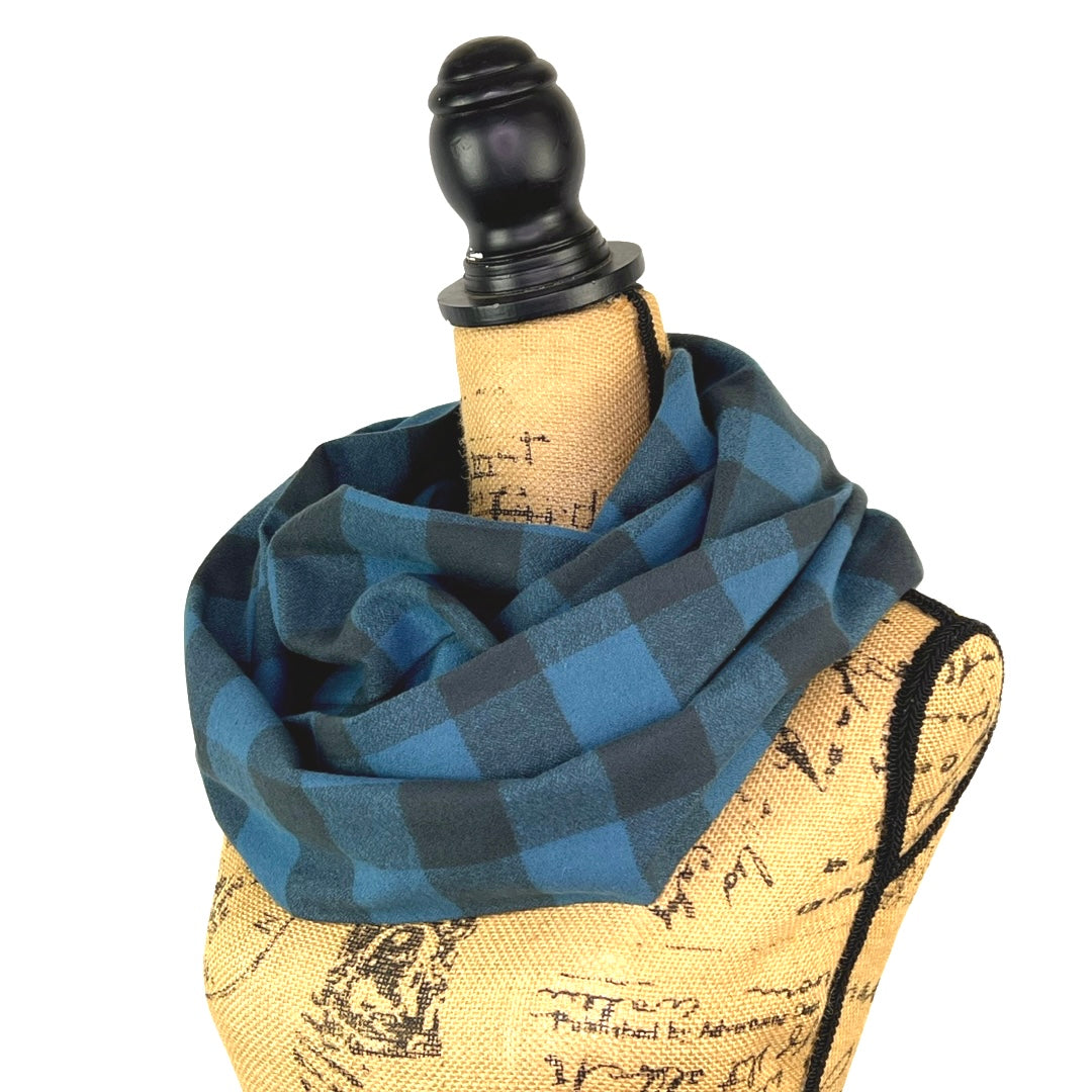 100% Organic Cotton Buffalo Plaid in Ocean Blue and Black Infinity and Blanket Scarves