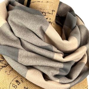100% Organic Cotton Buffalo Plaid Large Block in Latte and Warm Smoky Grey Infinity and Blanket Scarves