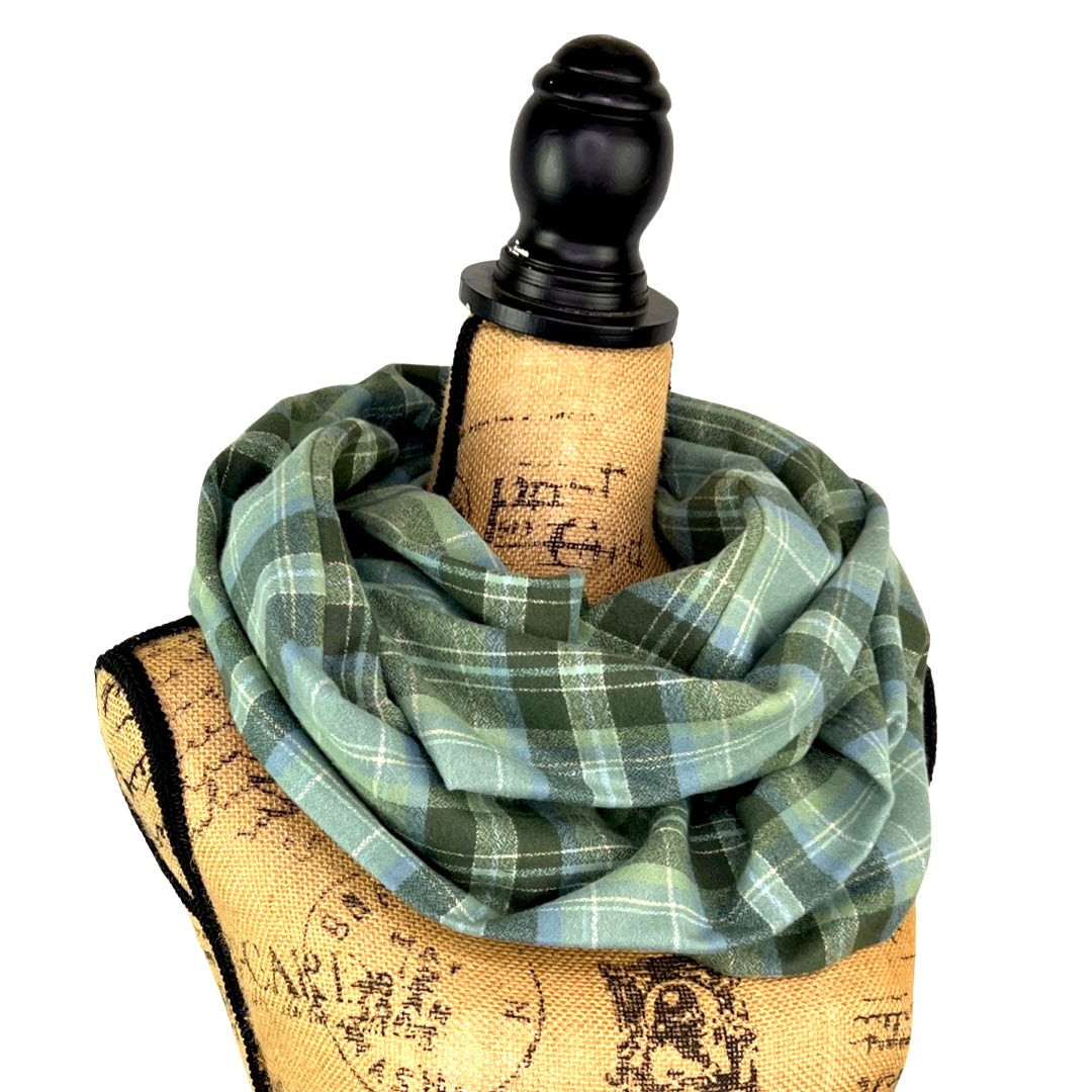 100% Organic Cotton Periwinkle Blue, Dusty Sage, and Olive Green with White Accent Plaid Infinity and Blanket Scarves