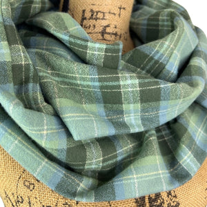 100% Organic Cotton Periwinkle Blue, Dusty Sage, and Olive Green with White Accent Plaid Infinity and Blanket Scarves