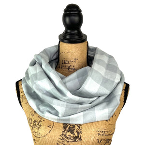 100% Organic Cotton Buffalo Plaid in Dove Grey and Soft Blue Grey Infinity and Blanket Scarves