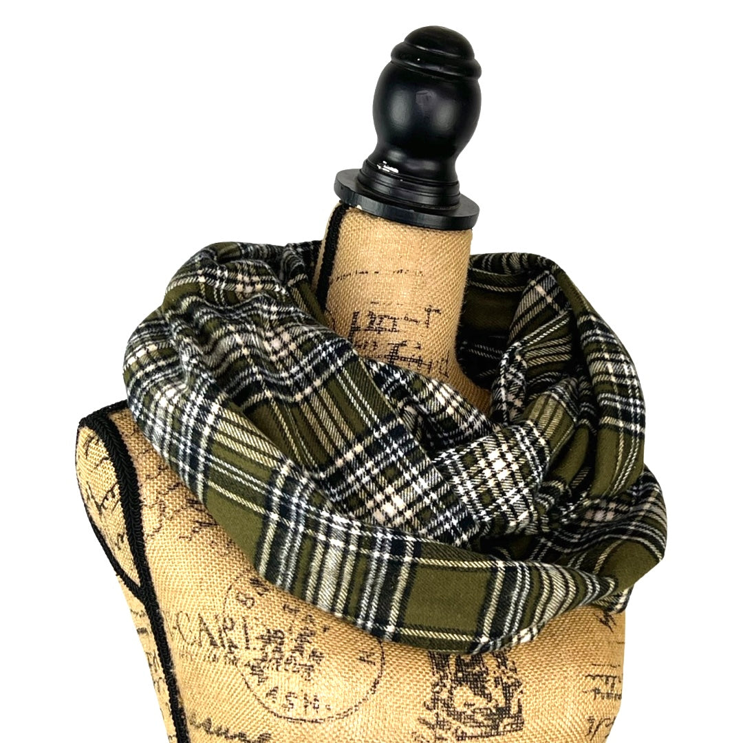 Olive Green, Black, White Plaid Flannel Infinity or Blanket Scarf