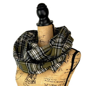 Olive Green, Black, White Plaid Flannel Infinity or Blanket Scarf