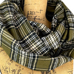 Olive Green, Black, White Plaid Flannel Infinity or Blanket Scarf