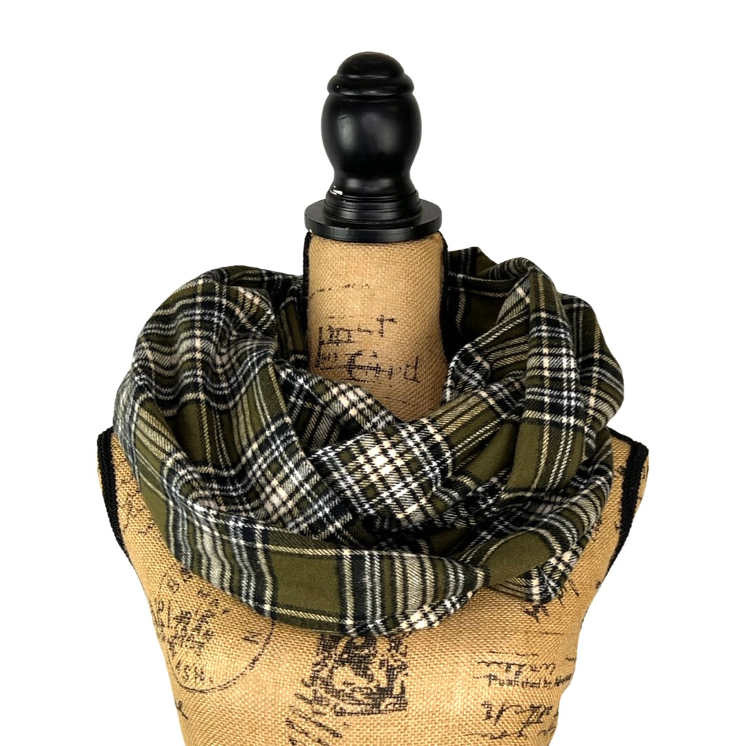 Olive Green, Black, White Plaid Flannel Infinity or Blanket Scarf