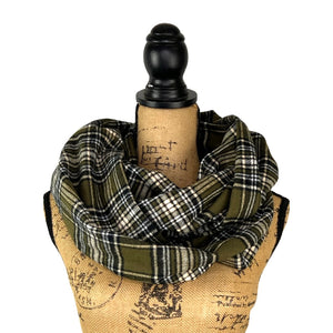 Olive Green, Black, White Plaid Flannel Infinity or Blanket Scarf