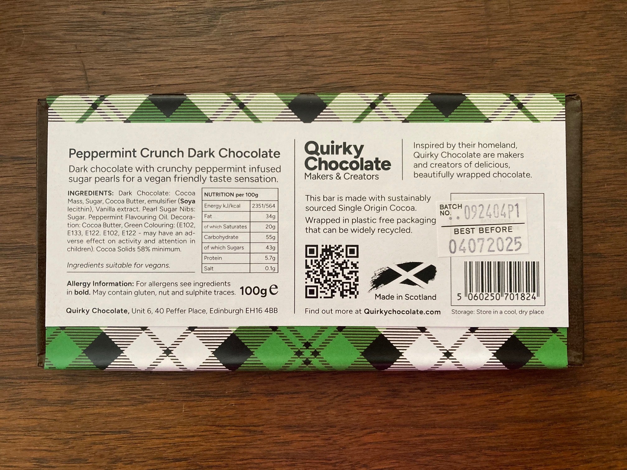 Peppermint Crunch Dark Chocolate Bar by Quirky Chocolate
