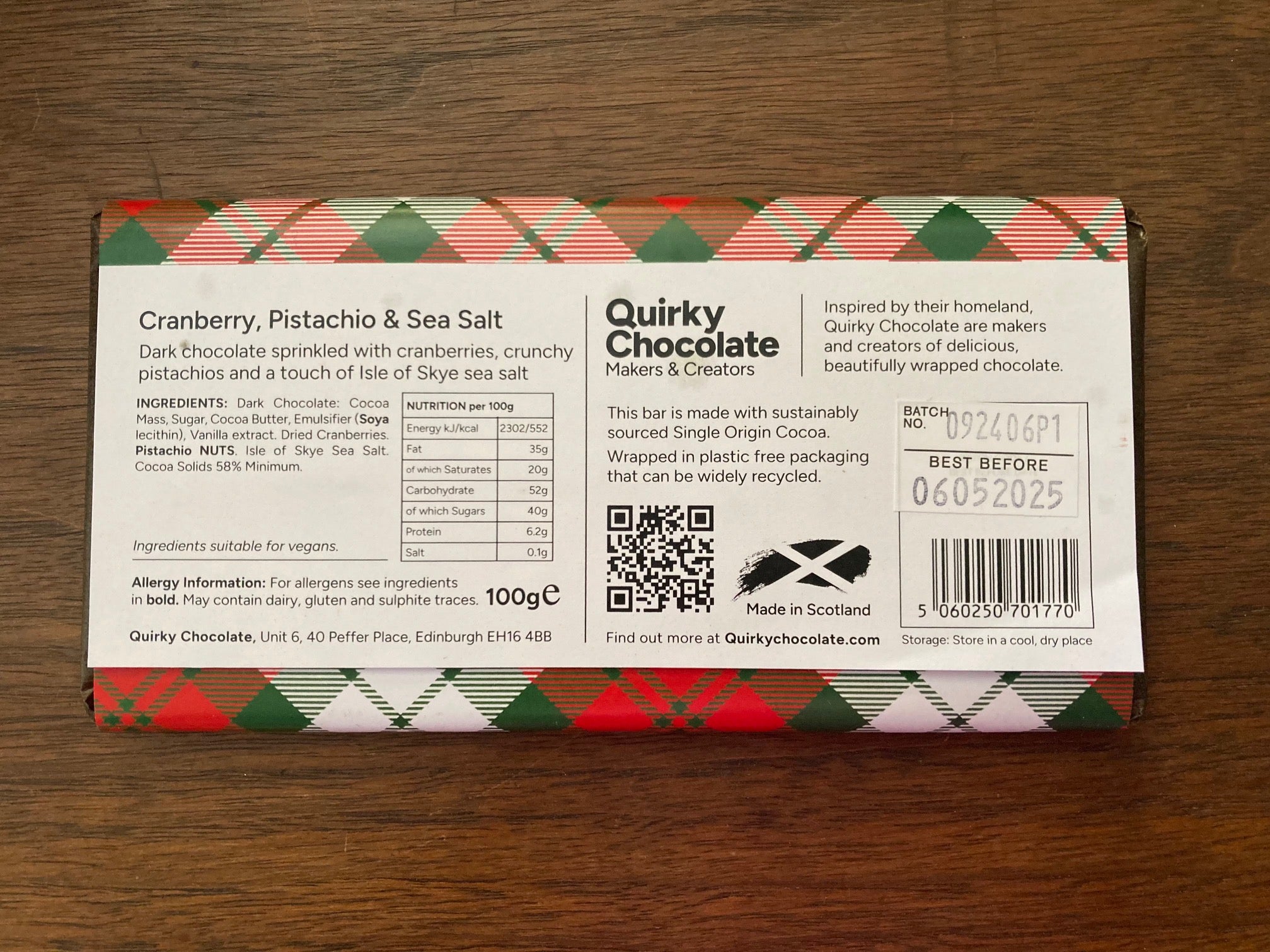 Cranberry, Pistachio & Sea Salt Dark Chocolate Bar by Quirky Chocolate