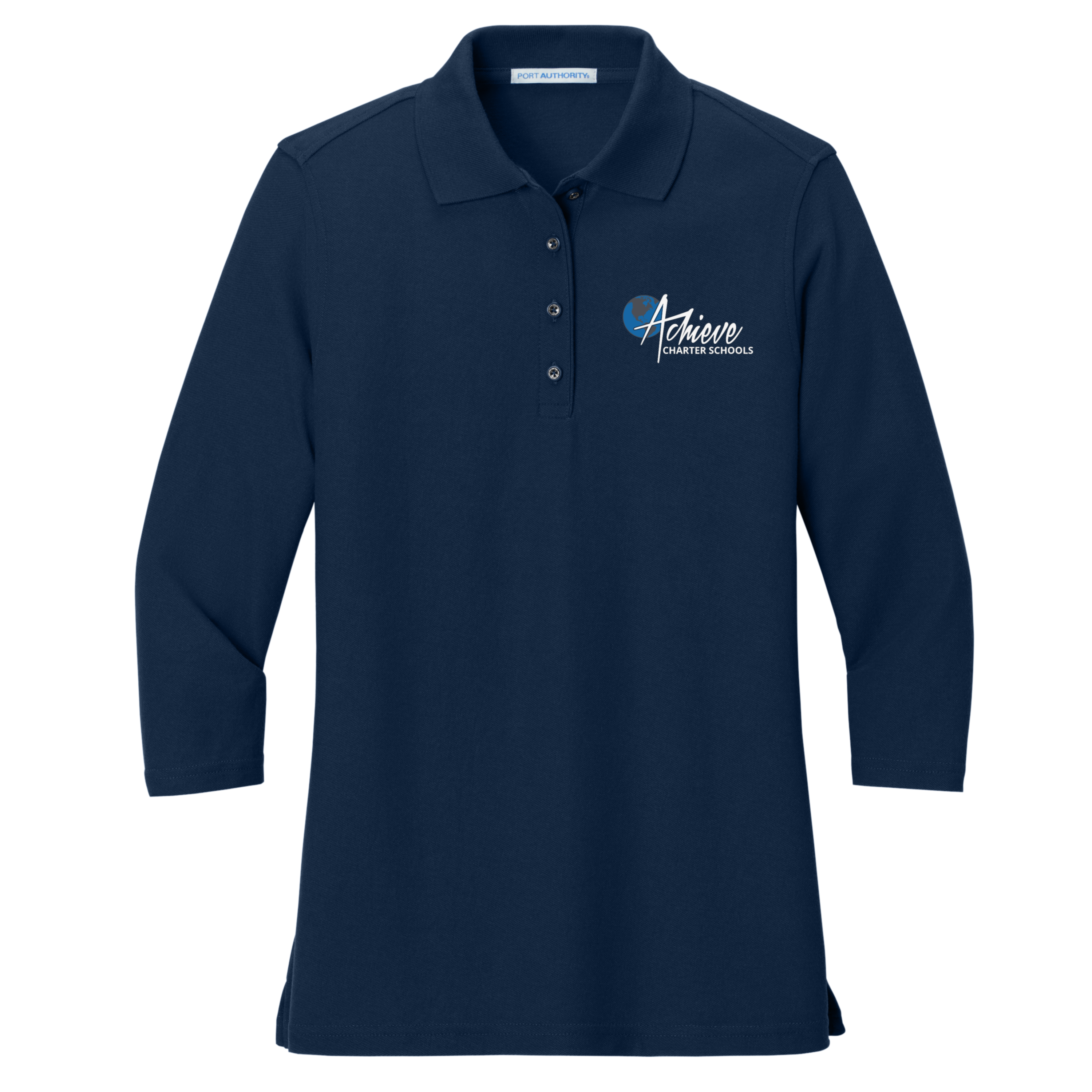 Adult Women's Pique 3/4 Sleeve Embroidered Polo Shirts in Navy