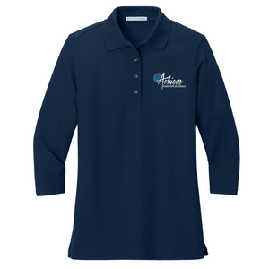 Adult Women's Pique 3/4 Sleeve Embroidered Polo Shirts in Navy