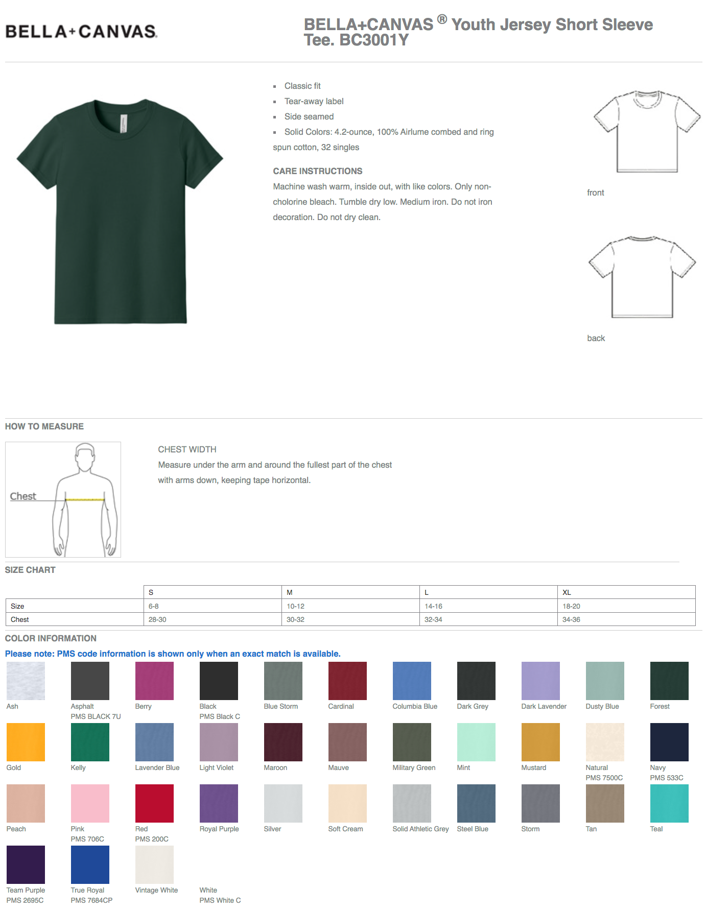 Youth Bella+Canvas Size T-Shirts - Middle School