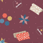 Quilting-themed pattern with fabric rolls, stars, and hexagons on a brown background.