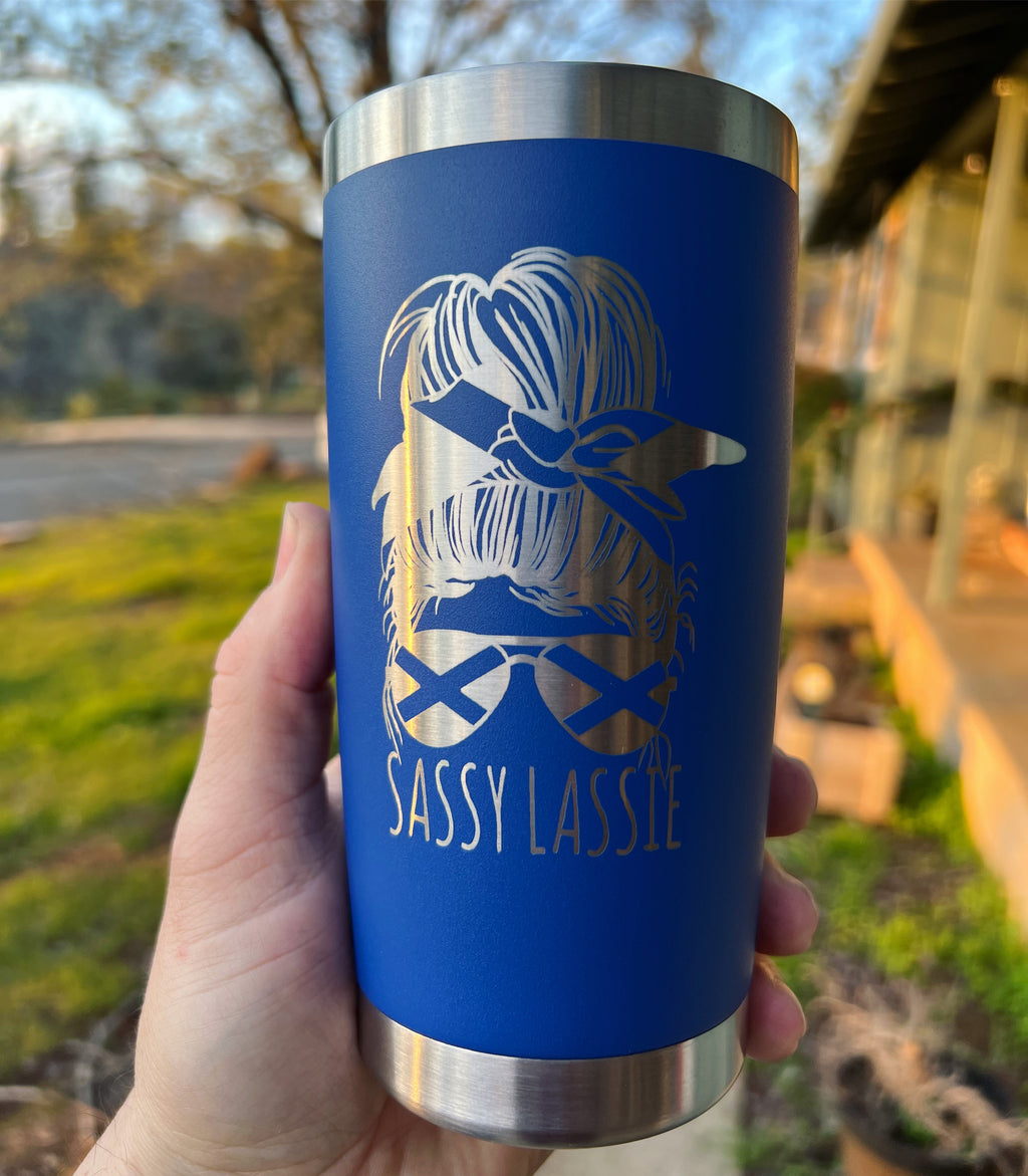 Sassy Lassie Messy Bun Saltire Flag Aviators Laser Engraved Powder Coated 20oz Double Walled Insulated Tumbler