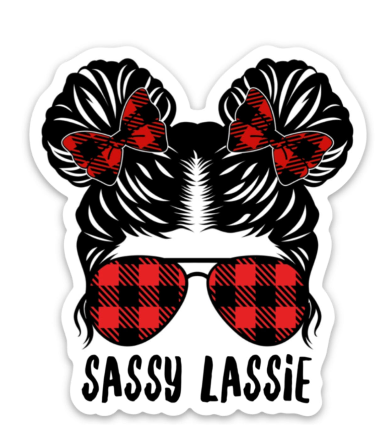 Sassy Lassie Buffalo Plaid Messy Pigtails Aviators 3" Sticker