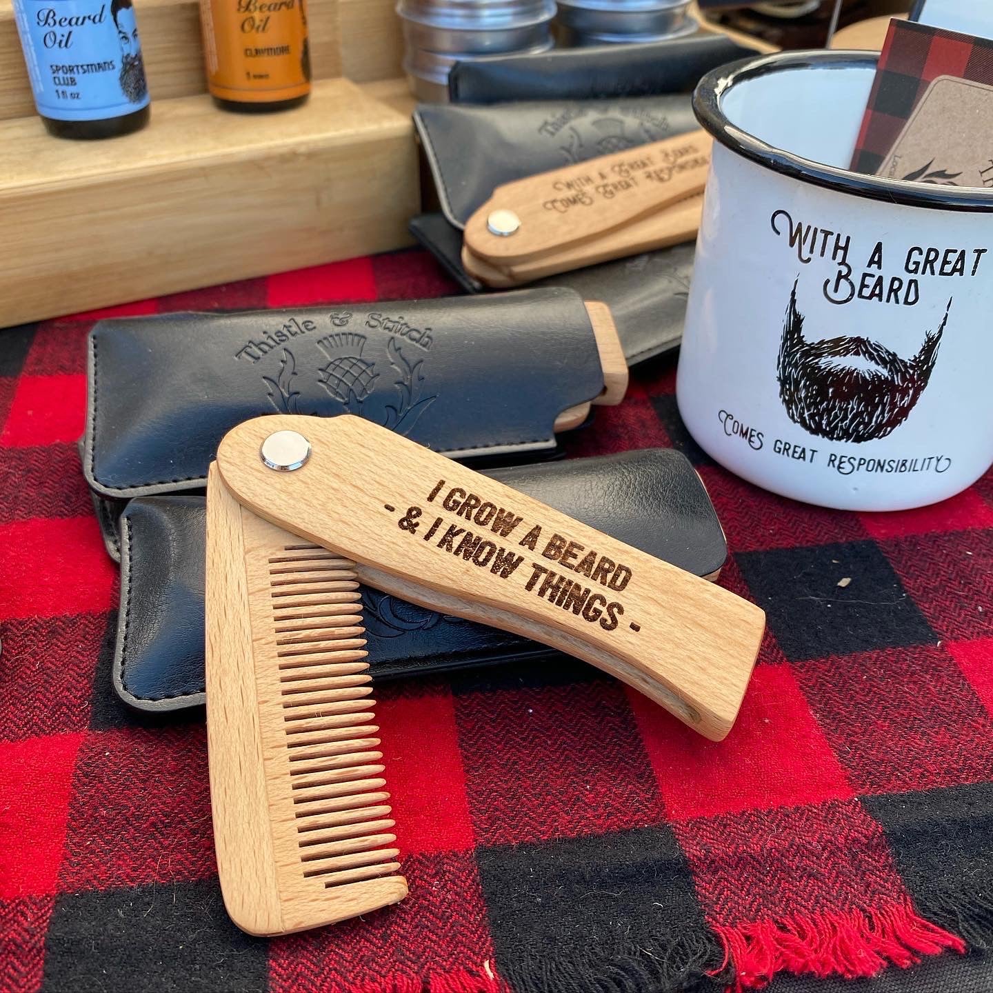 Laser Engraved Wooden Switchblade Beard Combs